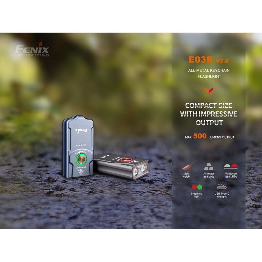 Fenix E03RV20GREY - LED uppladdningsbar ficklampa LED/USB IP66 500 glansig 30 h 400 mAh