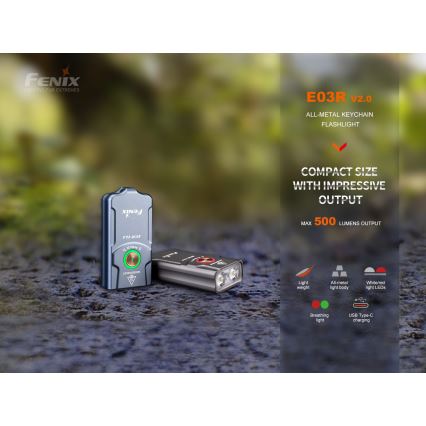 Fenix E03RV20GREY - LED uppladdningsbar ficklampa LED/USB IP66 500 lm 30 h