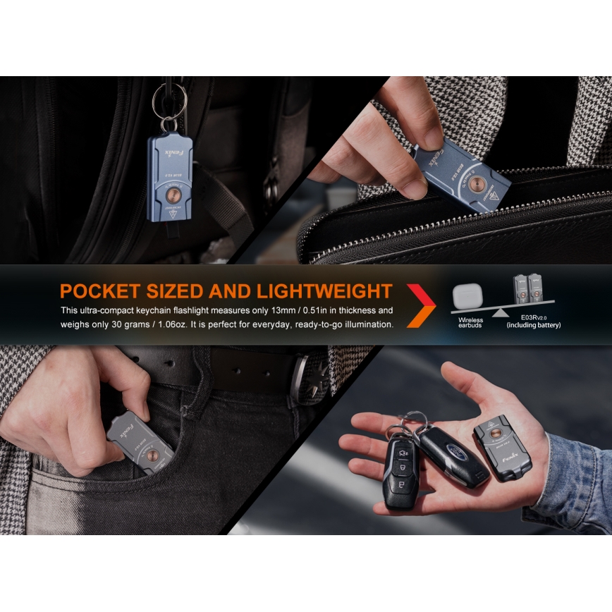 Fenix E03RV20GREY - LED uppladdningsbar ficklampa LED/USB IP66 500 lm 30 h