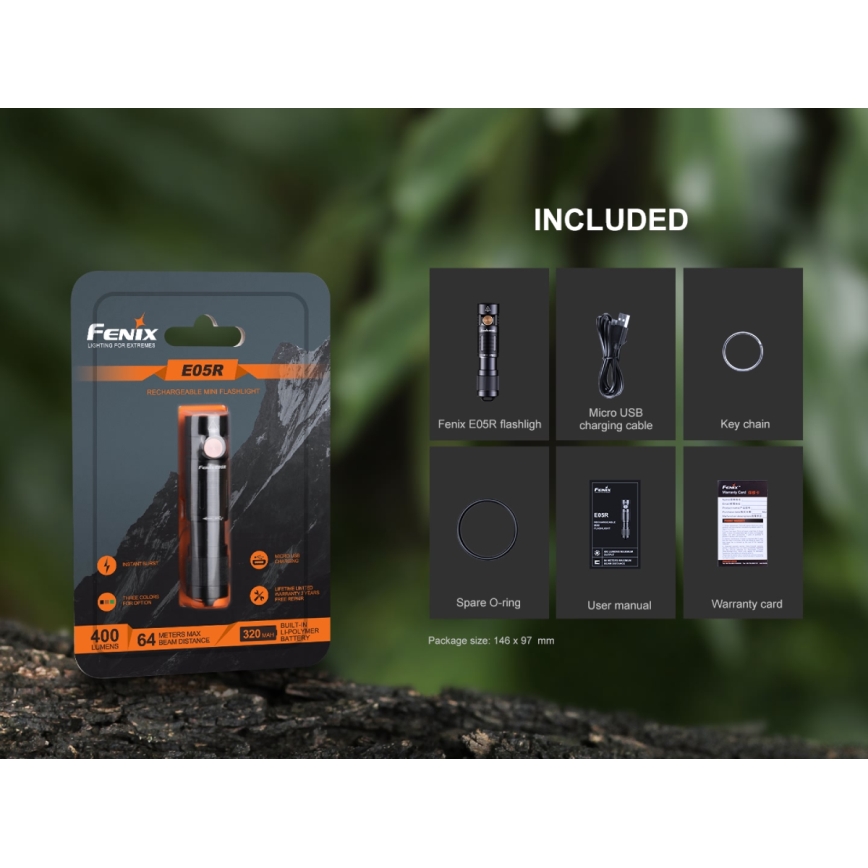 Fenix E05RBLC - LED laddningsbar Fick lampa  LED/USB IP68 400 lm 30 h