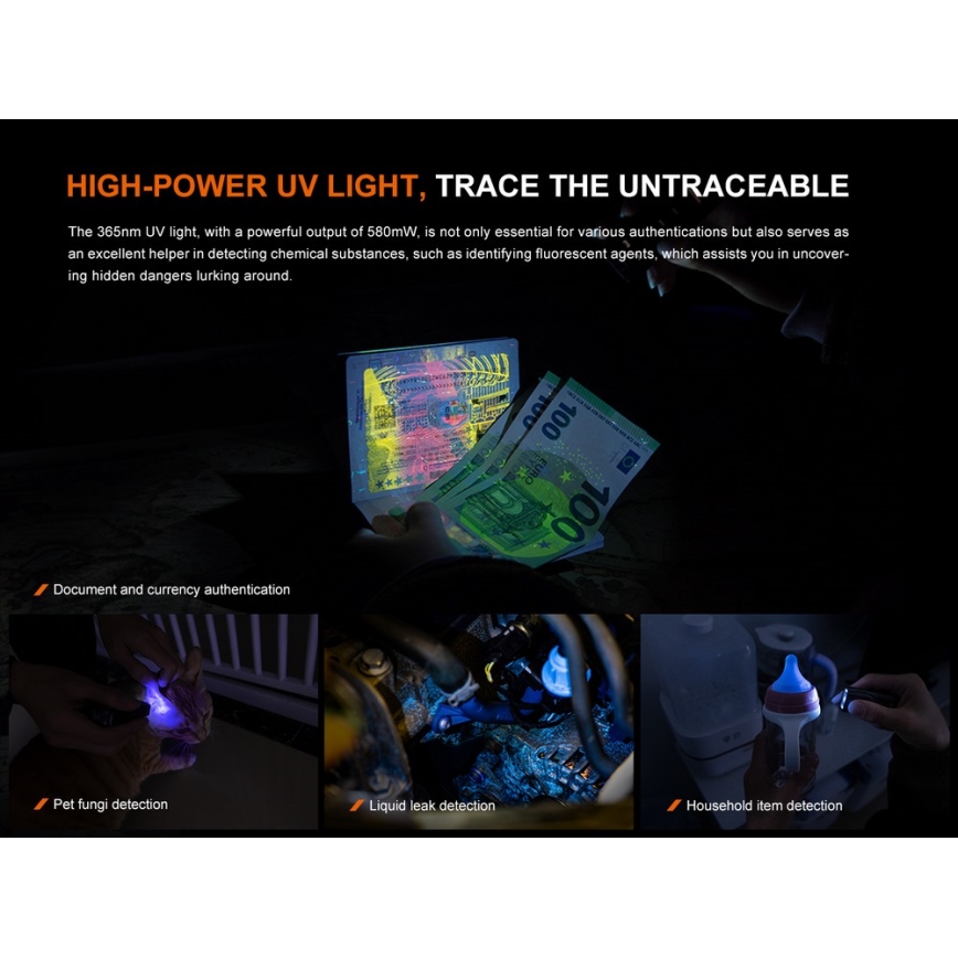 Fenix E06RTKS - LED Ljusreglerad uppladdningsbar ficklampa UV LED/USB IP66 700 glansig 60 h turkos