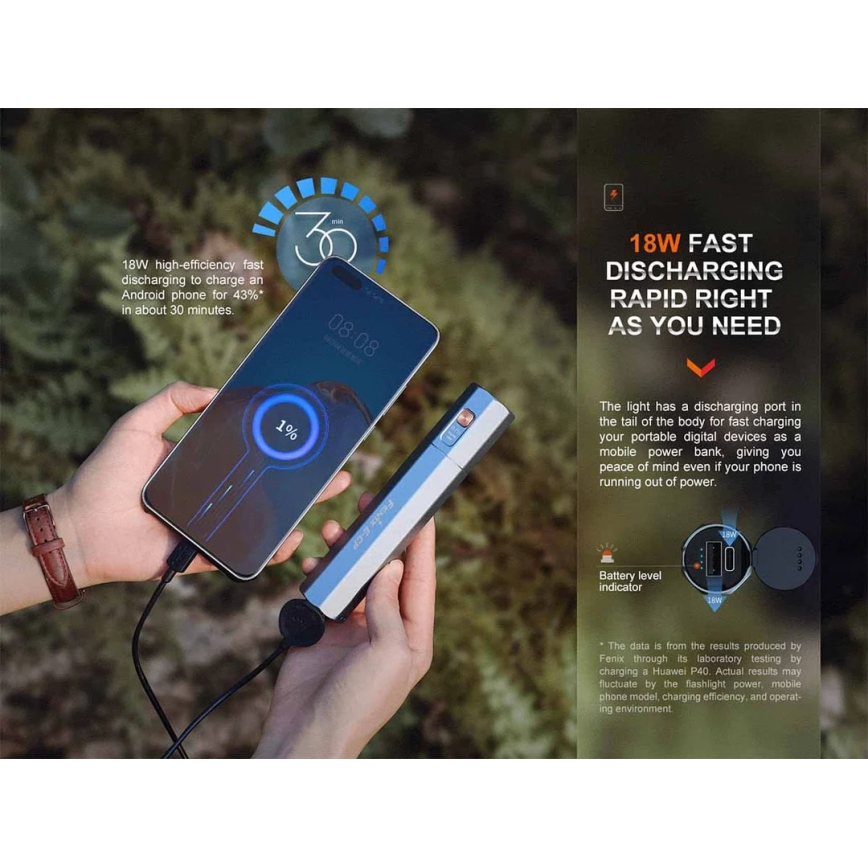 Fenix ECPBLUE - LED uppladdningsbar ficklampa med en power bank USB IP68 1600 lm 504 h blå
