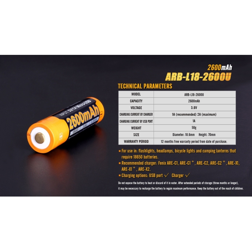 Fenix FE18650LI26USB - 1st Laddningsbart batteri  USB/3,6V 2600 mAh