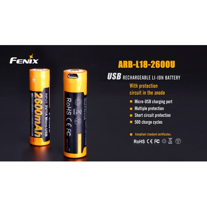 Fenix FE18650LI26USB - 1st Laddningsbart batteri  USB/3,6V 2600 mAh