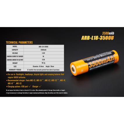 Fenix FE18650LI35USB - 1st Laddningsbart batteri  USB/3,6V 3500 mAh