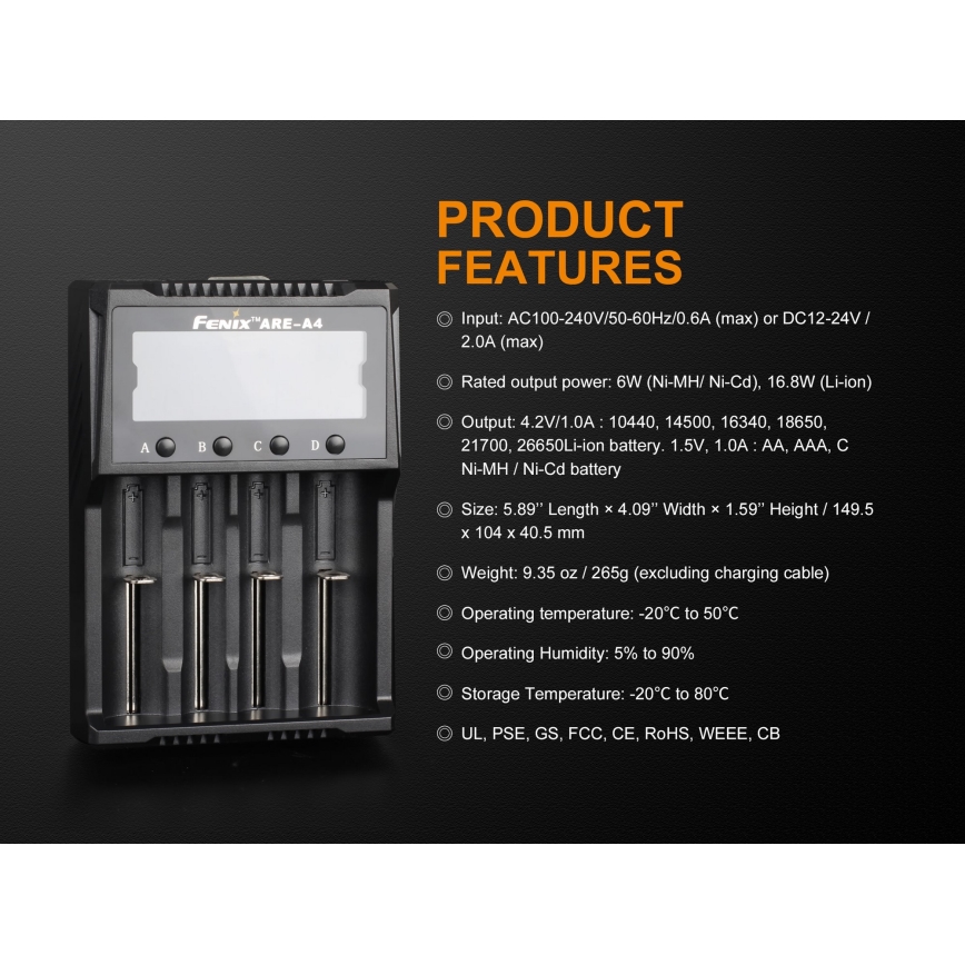 Fenix FENAREA4 - Batteriladdare 4xLi-ion/AAA/AA/C 5V