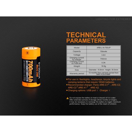 Fenix FERCR123ALIIONUP - 1st Laddningsbart batteri  USB/3,6V 700 mAh