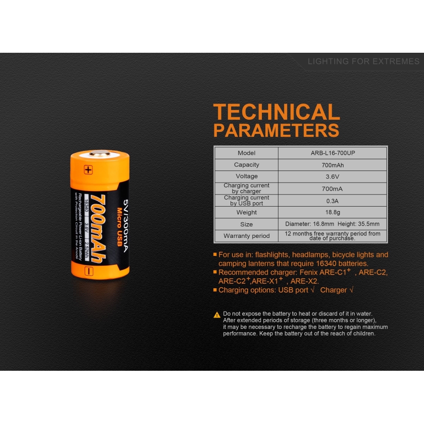 Fenix FERCR123ALIIONUP - 1st Laddningsbart batteri  USB/3,6V 700 mAh