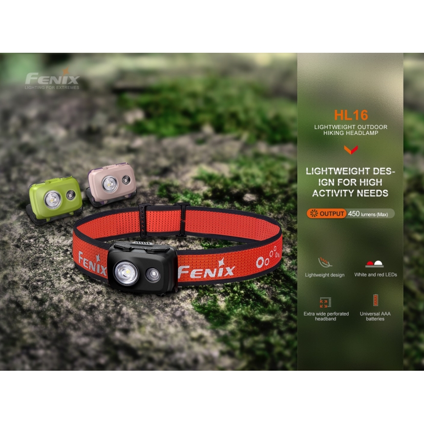 Fenix HL16V2BLK - LED Pannlampa LED/3xAAA IP66 450 lm 200 h svart/orange