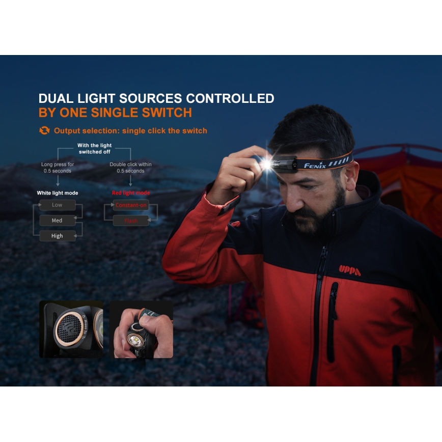 Fenix HM23V20 - LED Ljusreglerad pannlampa LED/1xAA IP68 300 lm 100 h