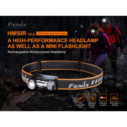Fenix HM50RV20 - LED uppladdningsbar pannlampa 3xLED/USB/1xCR123A IP68 700 glansig 120 h 700 mAh