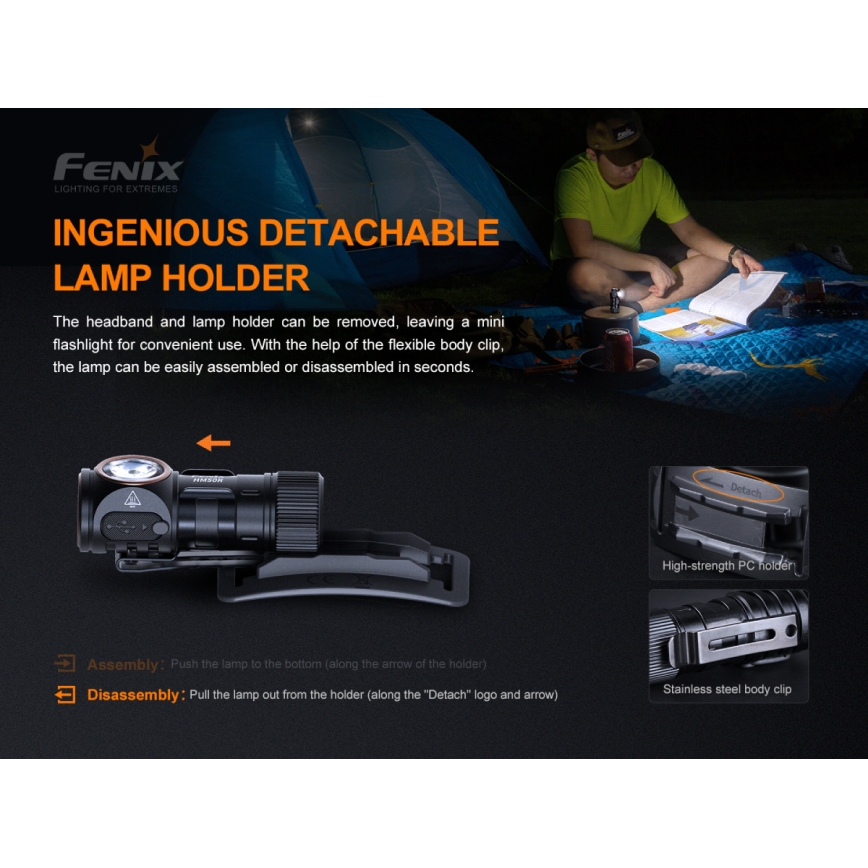 Fenix HM50RV20 - LED uppladdningsbar pannlampa 3xLED/USB/1xCR123A IP68 700 glansig 120 h 700 mAh