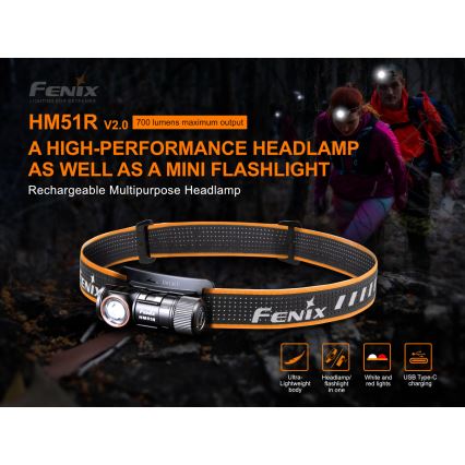 Fenix HM51RV20 - LED laddningsbar pannlampa  3xLED/1xCR123A IP68 700 lm 120 h