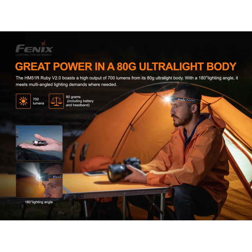 Fenix HM51RV20 - LED laddningsbar pannlampa  3xLED/1xCR123A IP68 700 lm 120 h
