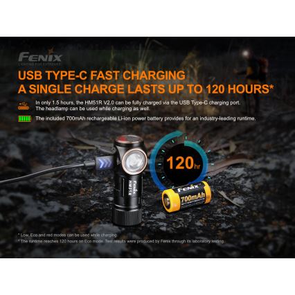 Fenix HM51RV20 - LED laddningsbar pannlampa  3xLED/1xCR123A IP68 700 lm 120 h