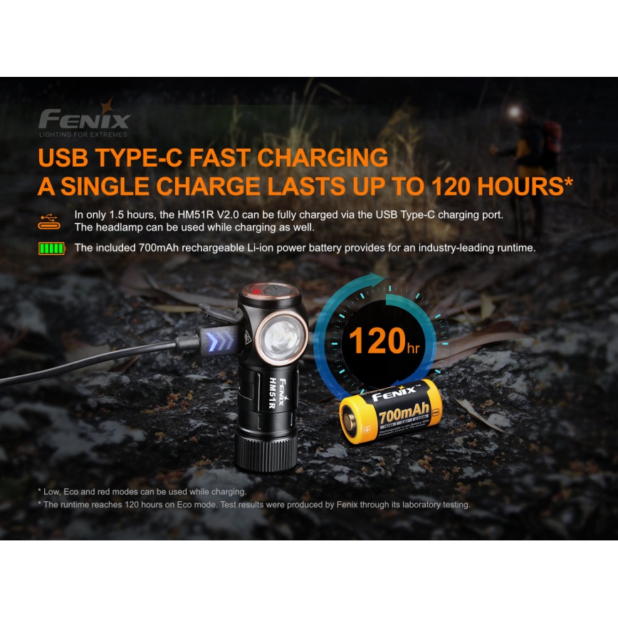 Fenix HM51RV20 - LED uppladdningsbar pannlampa 3xLED/1xCR123A/USB IP68 700 glansig 120 h 700 m