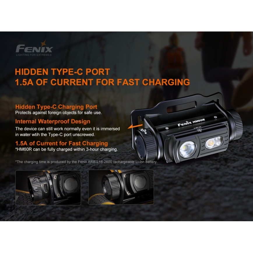 Fenix HM60R - LED Ljusreglerad rechargeable headlamp 4xLED/2xCR123A IP68 1300 lm 300 h