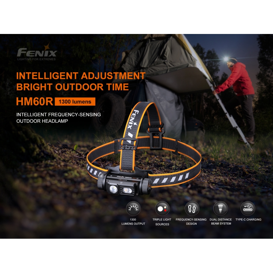 Fenix HM60R - LED Ljusreglerad rechargeable headlamp 4xLED/2xCR123A IP68 1300 lm 300 h