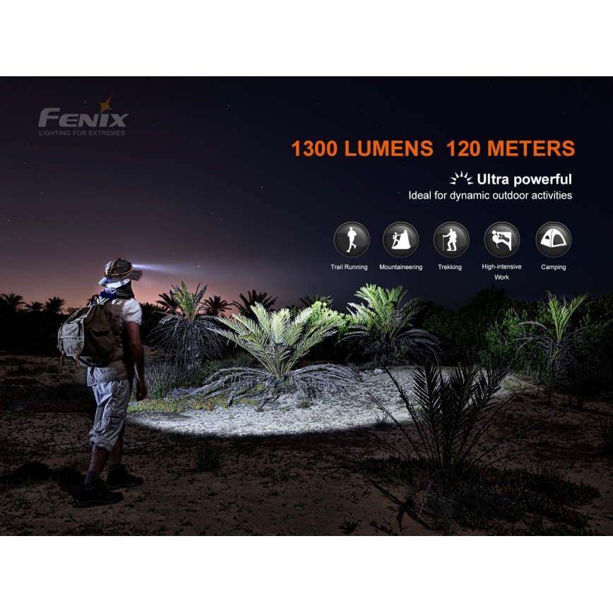 Fenix HM60R - LED Ljusreglerad rechargeable headlamp 4xLED/2xCR123A IP68 1300 lm 300 h