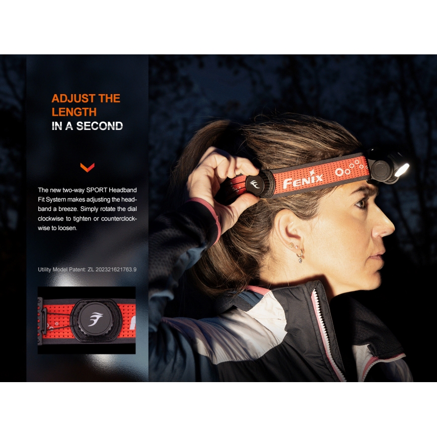 Fenix HM65RTV20BLC- LED Ljusreglerad uppladdningsbar pannlampa LED/USB IP68 svart/orange