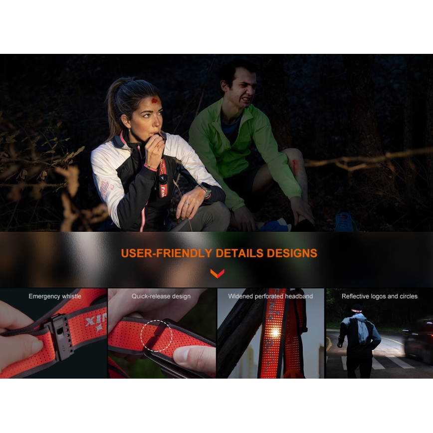 Fenix HM65RTV20BLC- LED Ljusreglerad uppladdningsbar pannlampa LED/USB IP68 svart/orange