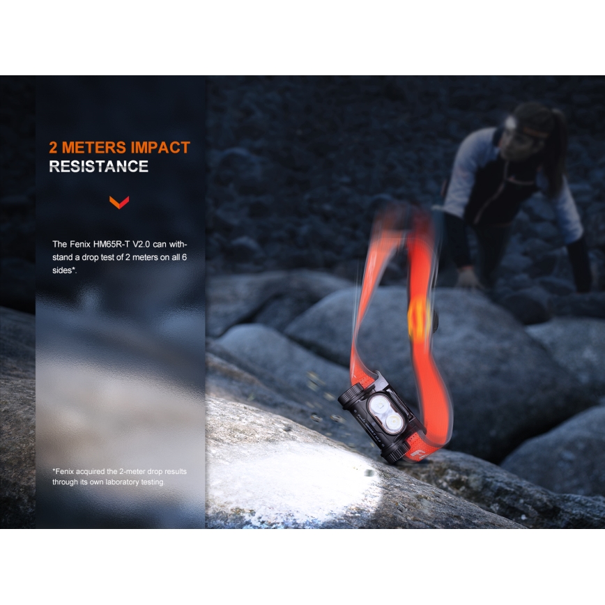 Fenix HM65RTV20BLC- LED Ljusreglerad uppladdningsbar pannlampa LED/USB IP68 svart/orange