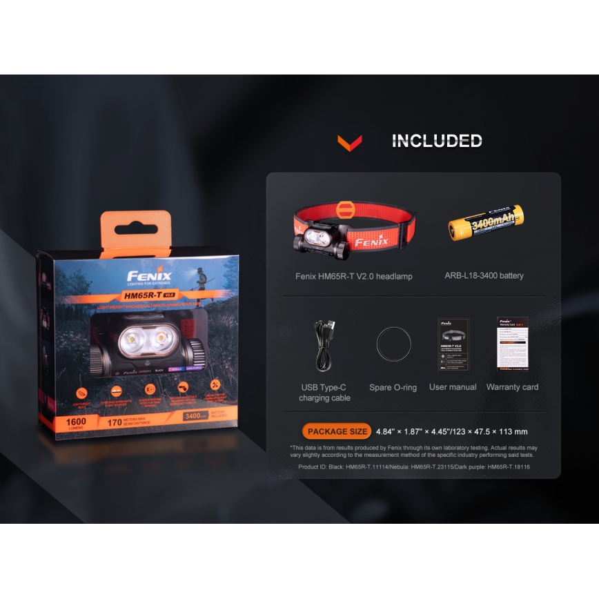 Fenix HM65RTV20BLC- LED Ljusreglerad uppladdningsbar pannlampa LED/USB IP68 svart/orange