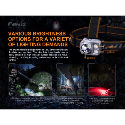 Fenix HP16R1250 - LED uppladdningsbar pannlampa 3xLED/USB 4xAA IP66 1250 lm 600 h 3000 mAh