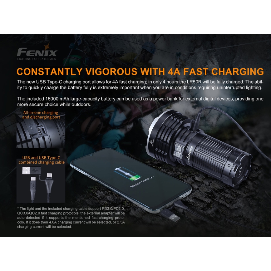 Fenix LR50R - LED laddningsbar Fick lampa  4xLED/USB IP68 12000 lm 58 h