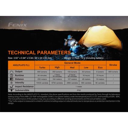 Fenix PD25R - LED uppladdningsbar ficklampa LED/USB/1xCR123A IP68 800 lm 70 h 700 mAh