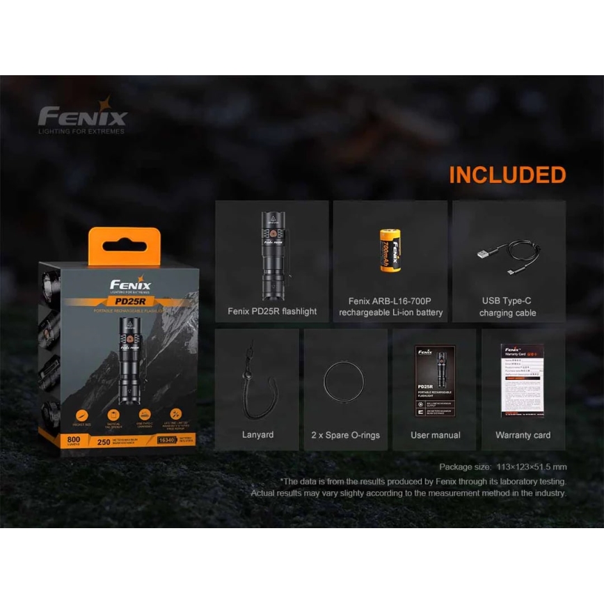 Fenix PD25R - LED uppladdningsbar ficklampa LED/USB/1xCR123A IP68 800 lm 70 h 700 mAh
