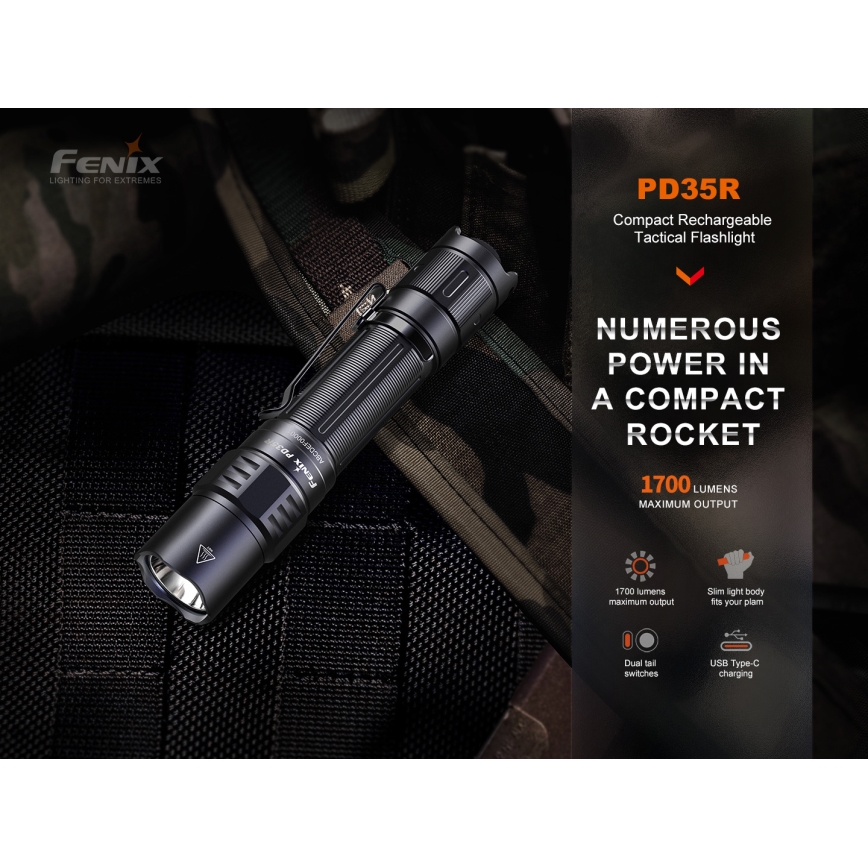 Fenix PD35R - LED uppladdningsbar ficklampa LED/USB IP68 1700 lm 100 h