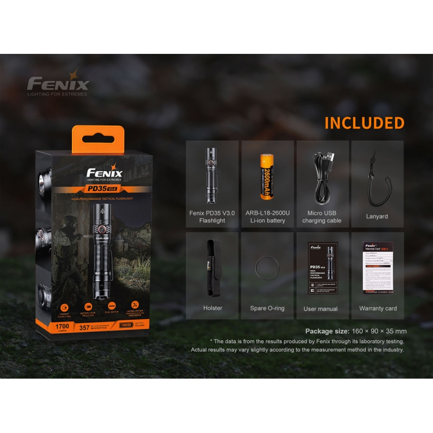 Fenix PD35V30 - LED uppladdningsbar ficklampa LED/USB/2xCR123A IP68 1700 glansig 230 h 2600 mAh