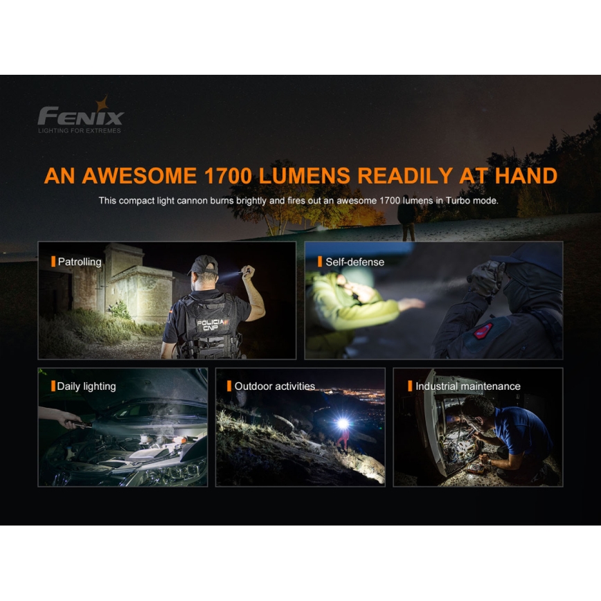 Fenix PD35V30 - LED uppladdningsbar ficklampa LED/USB/2xCR123A IP68 1700 glansig 230 h 2600 mAh