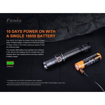 Fenix PD35V30 - LED uppladdningsbar ficklampa LED/USB/2xCR123A IP68 1700 glansig 230 h 2600 mAh