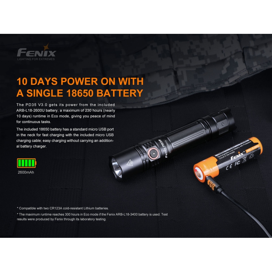 Fenix PD35V30 - LED uppladdningsbar ficklampa LED/USB/2xCR123A IP68 1700 glansig 230 h 2600 mAh