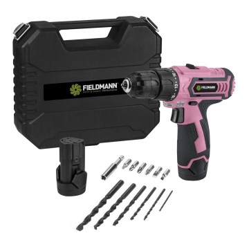 Fieldmann - Cordless drill with accessories 12V 1300 mAh rosa/svart
