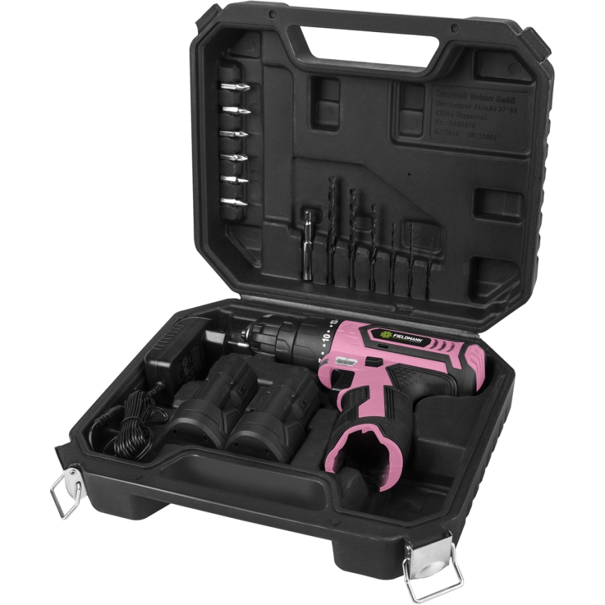 Fieldmann - Cordless drill with accessories 12V 1300 mAh rosa/svart