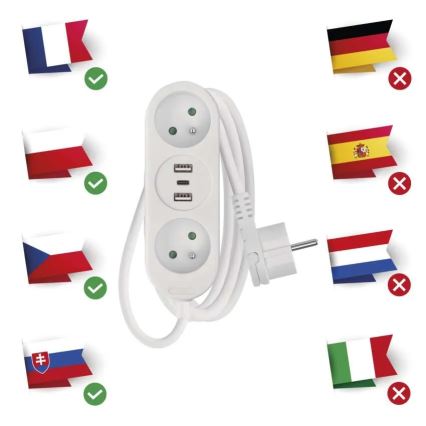 Förlängningskabel 2-vägs + 2x USB-A + USB-C 1,4 m