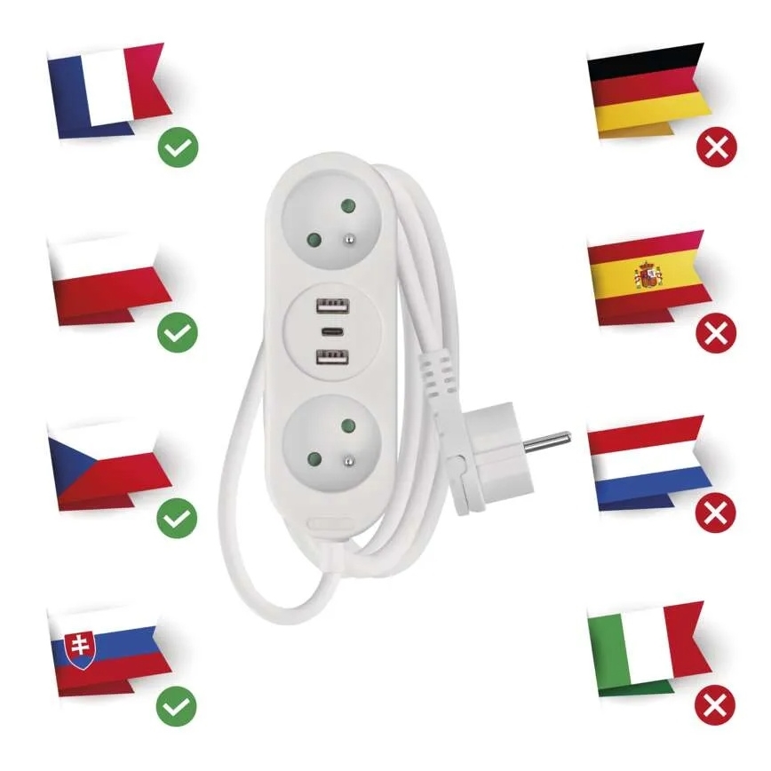Förlängningskabel 2-vägs + 2x USB-A + USB-C 1,4 m