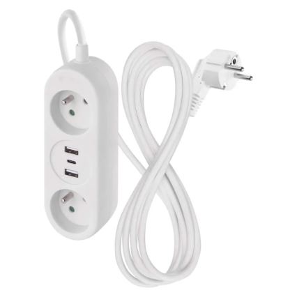 Förlängningskabel 2-vägs + 2x USB-A + USB-C 1,4 m