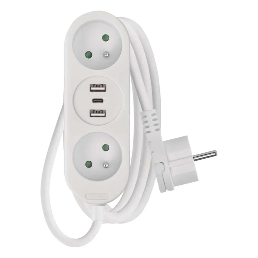 Förlängningskabel 2-vägs + 2x USB-A + USB-C 1,4 m
