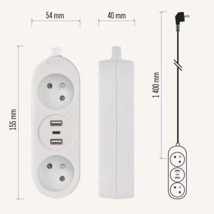 Förlängningskabel 2-vägs + 2x USB-A + USB-C 1,4 m