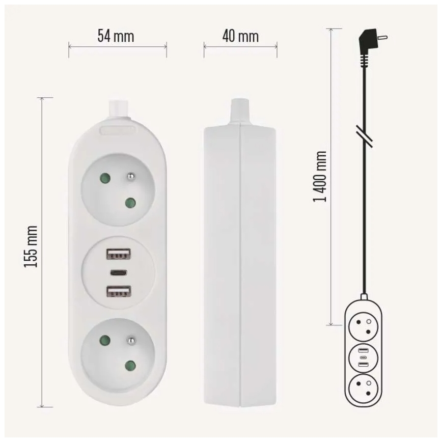 Förlängningskabel 2-vägs + 2x USB-A + USB-C 1,4 m