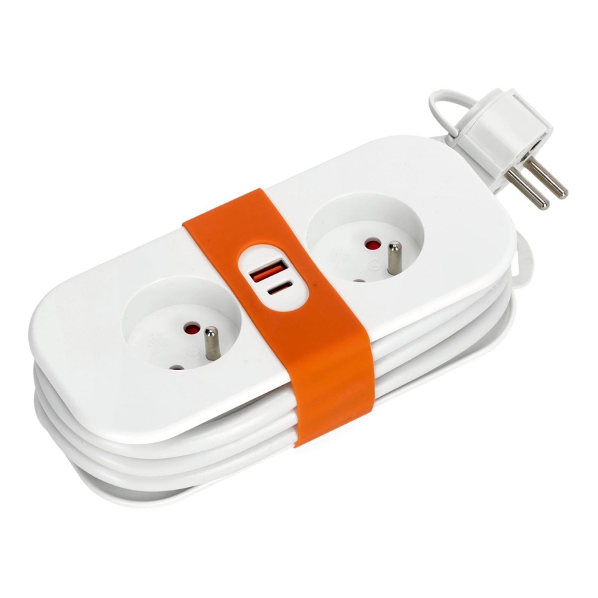 Förlängningskabel 2Z + 2xUSB 1,4 m vit