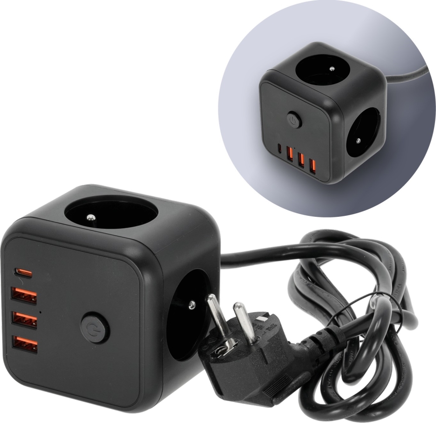 Förlängningskabel kub med strömbrytare LINEA 3x230V + 4xUSB A/C svart