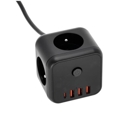 Förlängningskabel kub med strömbrytare LINEA 3x230V + 4xUSB A/C svart