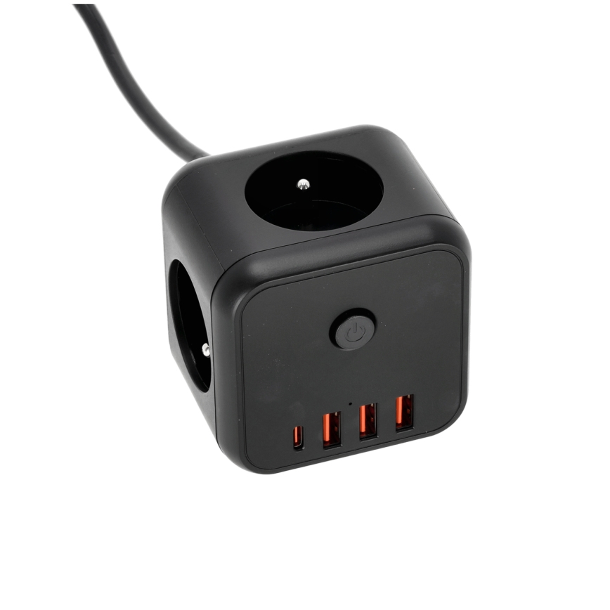 Förlängningskabel kub med strömbrytare LINEA 3x230V + 4xUSB A/C svart