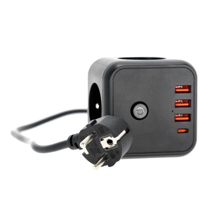 Förlängningskabel kub med strömbrytare LINEA 3x230V + 4xUSB A/C svart