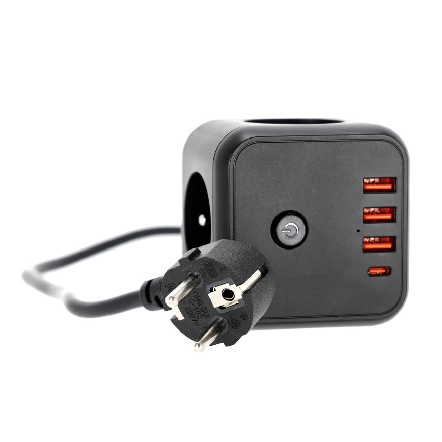 Förlängningskabel kub med strömbrytare LINEA 3x230V + 4xUSB A/C svart